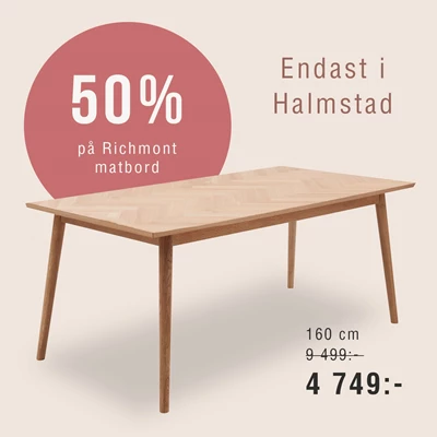 Matbord med grafiskt budskap om 50 %