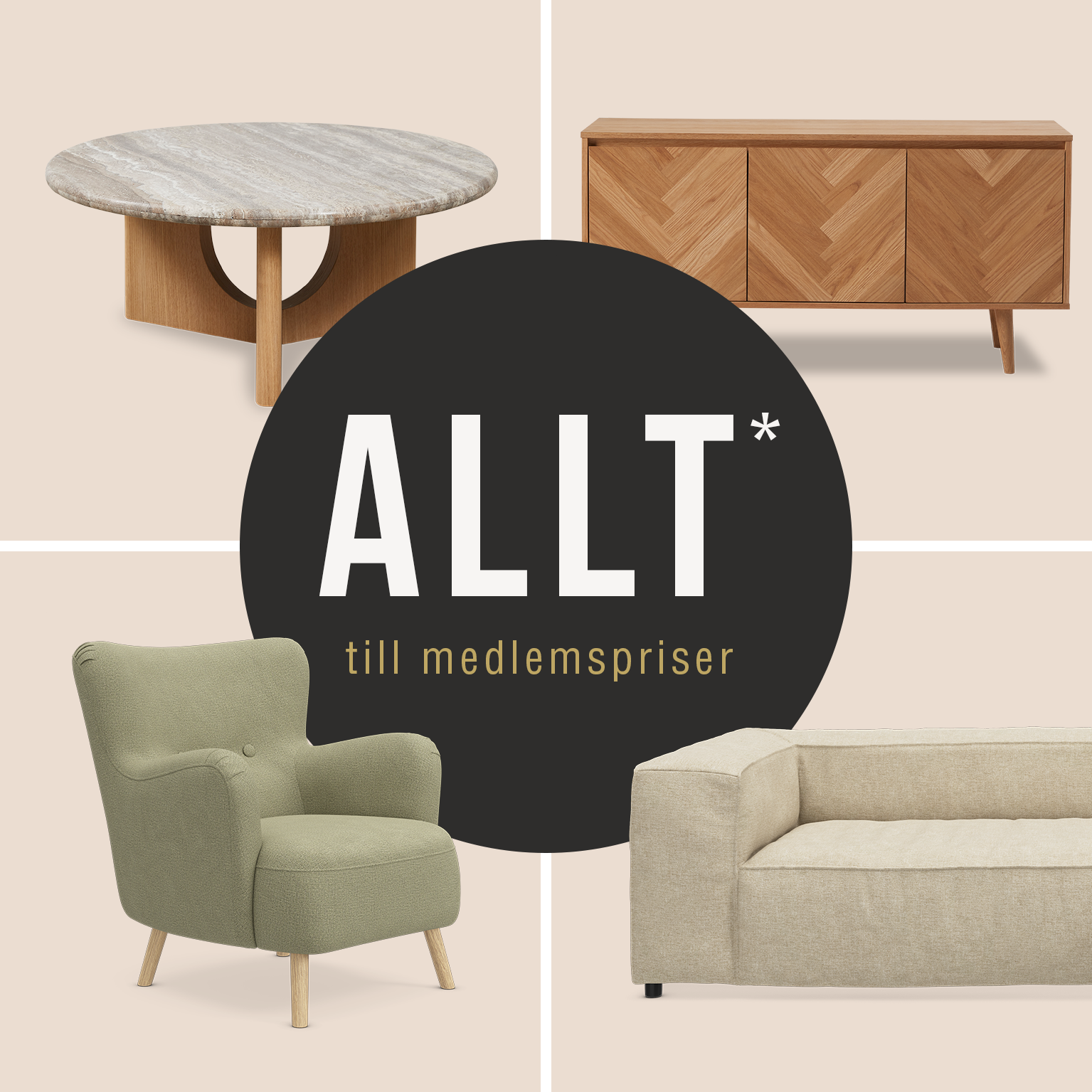 Skandinaviska vardagsrumsmöbler med träskänk, grå soffa, runt soffbord och stoppad fåtölj, marknadsförda med texten allt till medlemspriser
