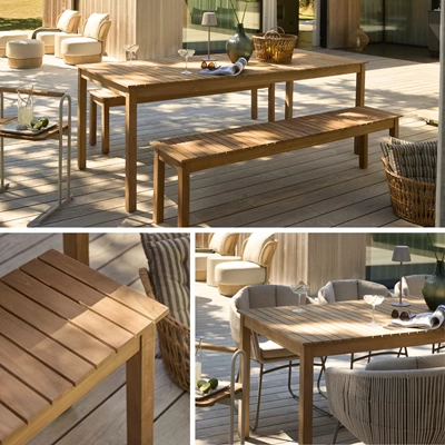 Utemöbler i teak på en mysig terrass.