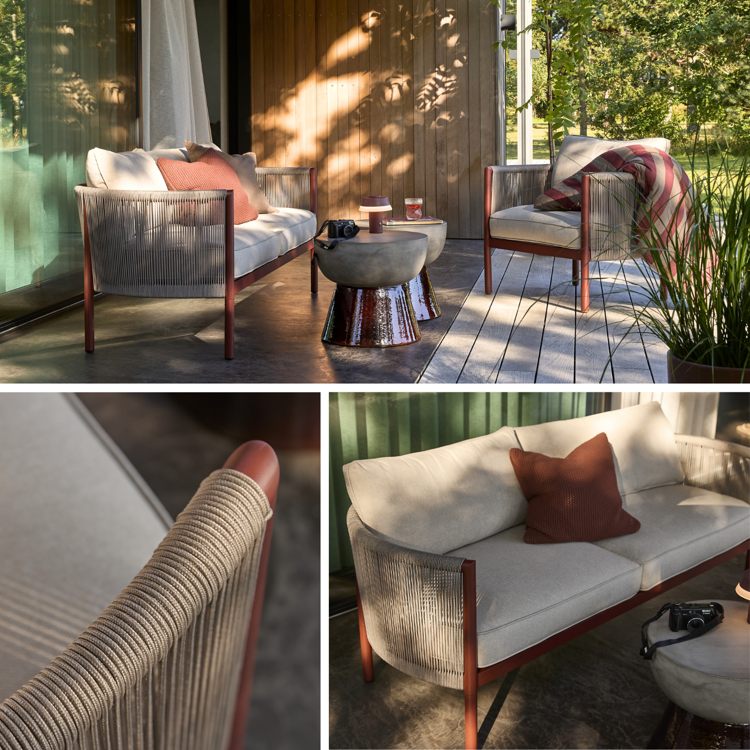 Loungeserie med grå dynor och rött stativ.