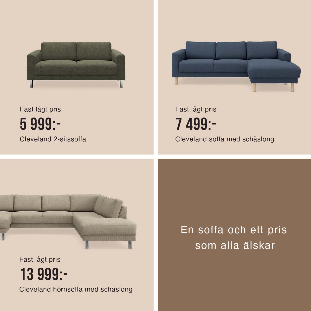 Chaiselongsoffor i beige, brunt och blått på beige bakgrund.