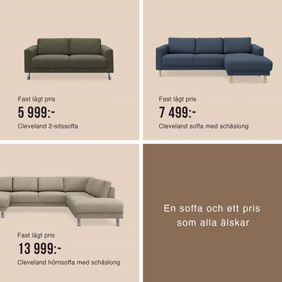 Chaiselongsoffor i beige, brunt och blått på beige bakgrund.