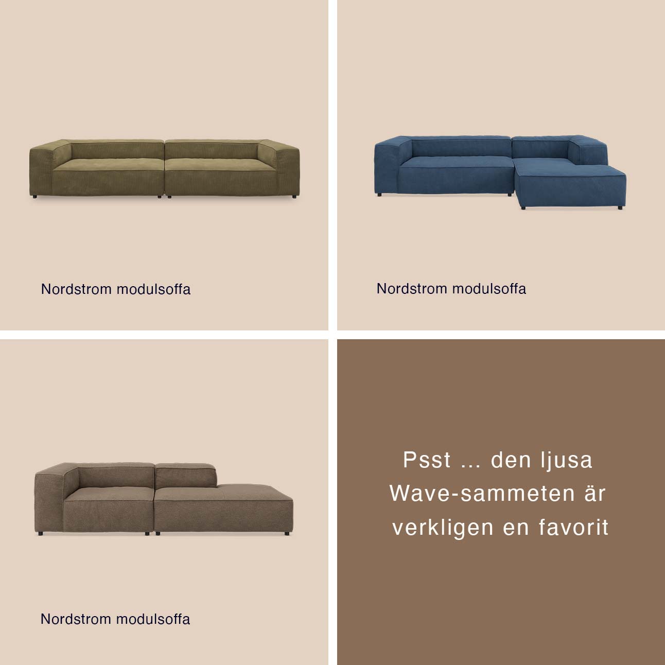 Djupa soffor i taupe och blått mot beige bakgrund.