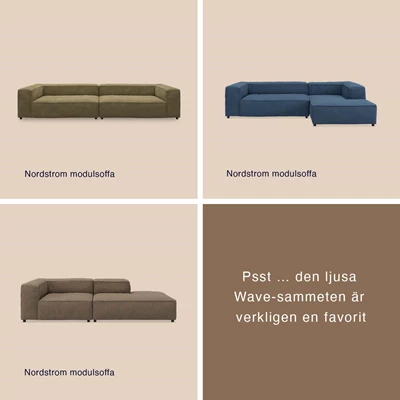 Djupa soffor i taupe och blått mot beige bakgrund.