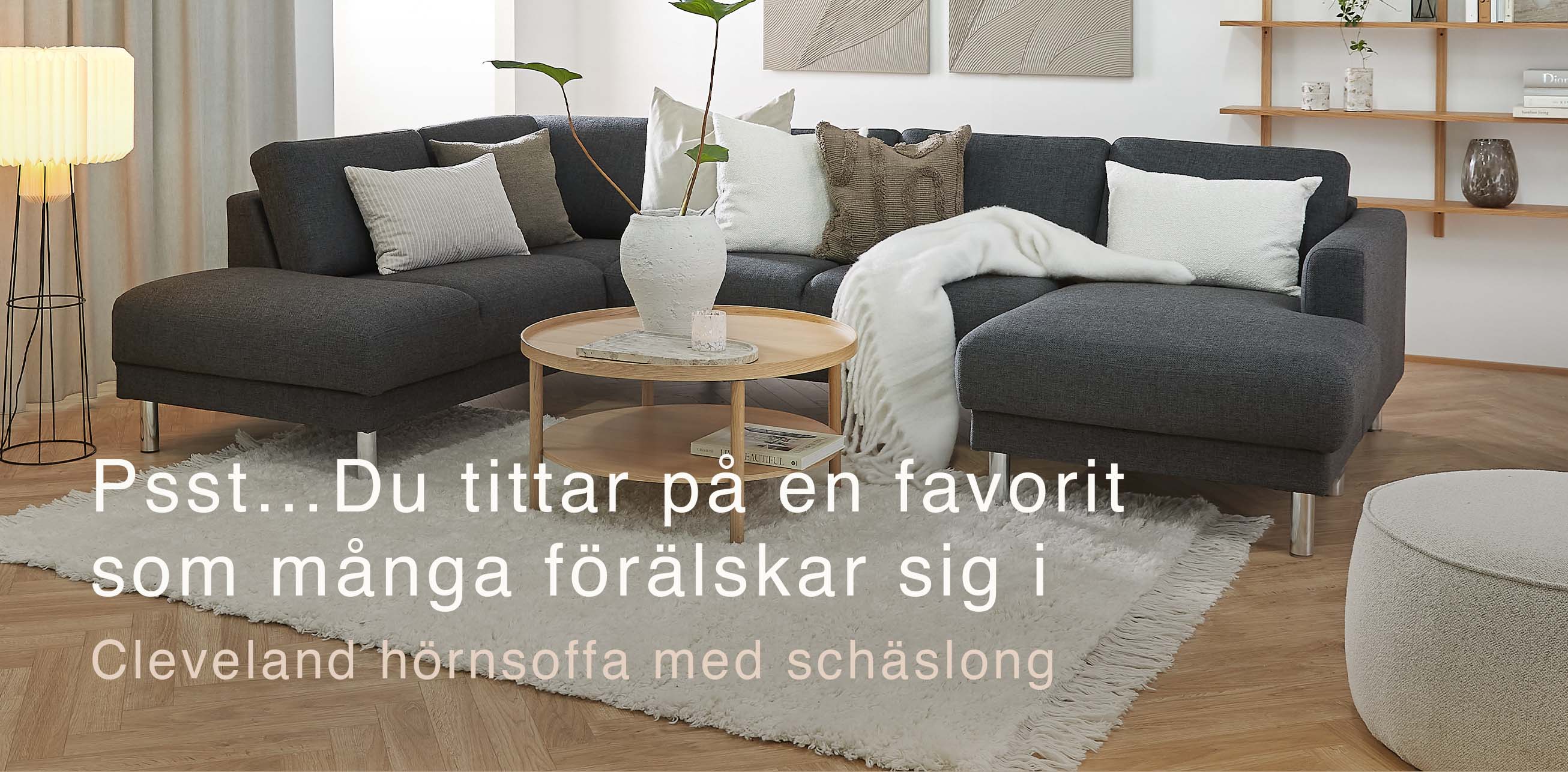 U-soffa med mörkblå klädsel i vardagsrummet.