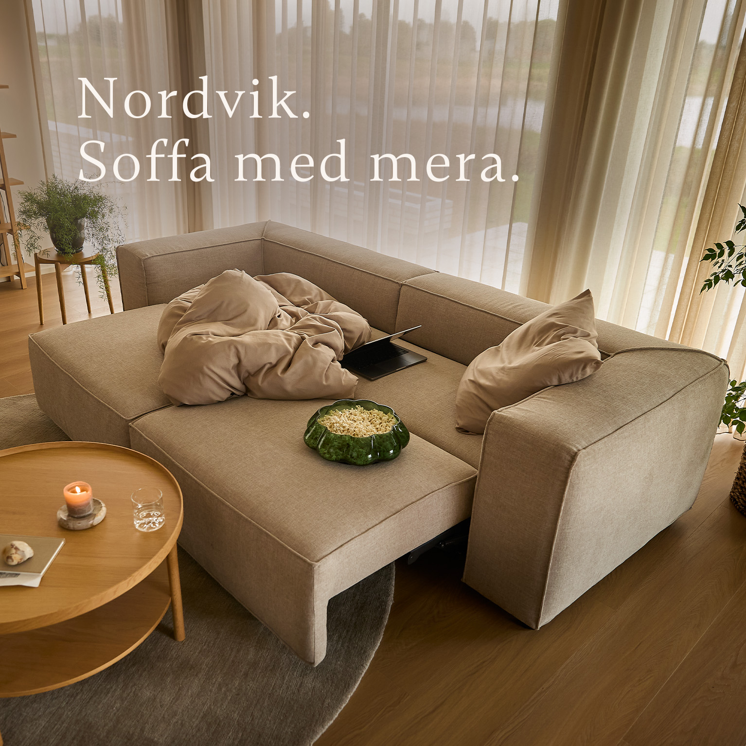 Utfälld bäddsoffa i vardagsrum