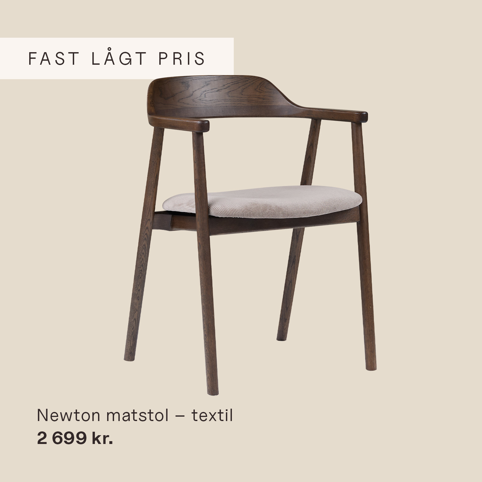 Matstol med mörk trästomme och stoppad sits