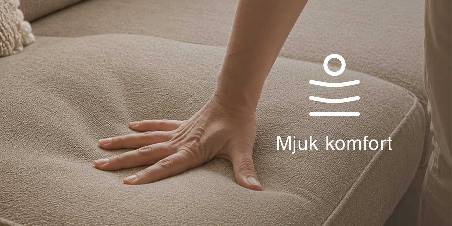 Närbild av en hand som sjunker ner i en stoppad sittyta med text och ikon för mjuk komfort.