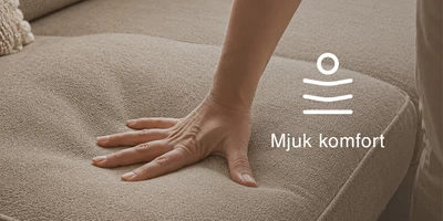 Närbild av en hand som sjunker ner i en stoppad sittyta med text och ikon för mjuk komfort.